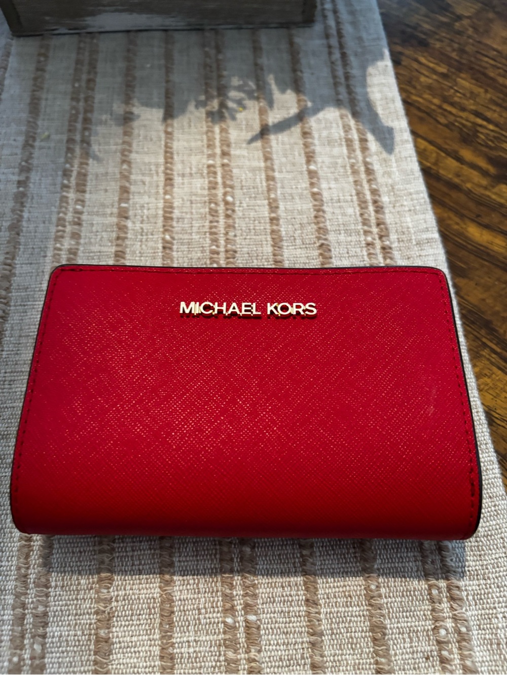 Michael Kors Red Saffiano Compact Zip Wallet with Gold Logo